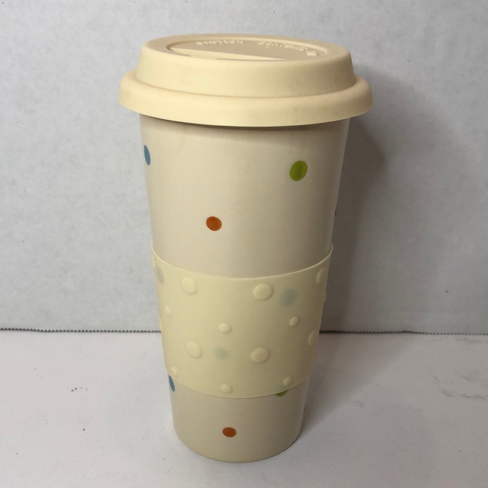 Temptations Cream Colored Polka Dot Ceramic 12 oz Travel Mug